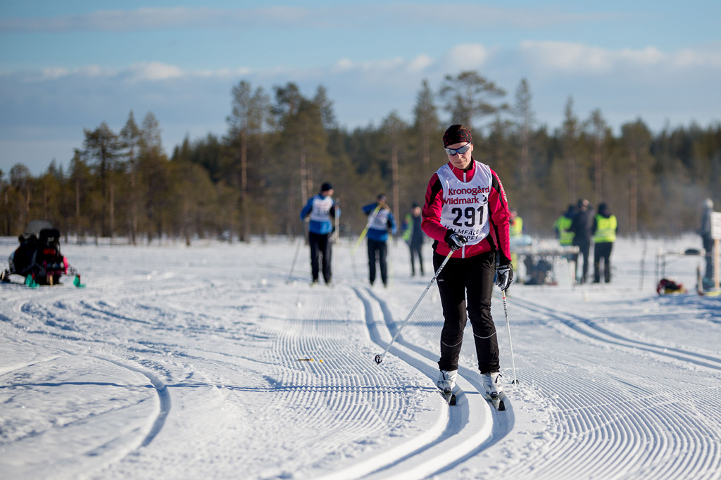 Tävlande i skidlopp. Solen strålar och snön gnistrar vit. 